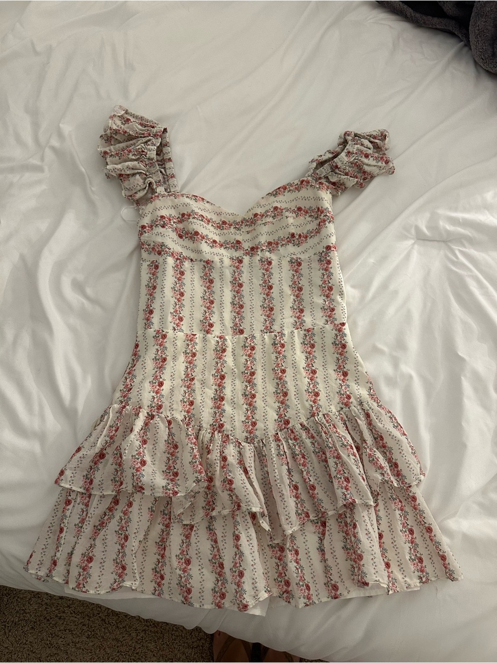 Cream Floral Ruffle Mini Dress in Pink Red Print